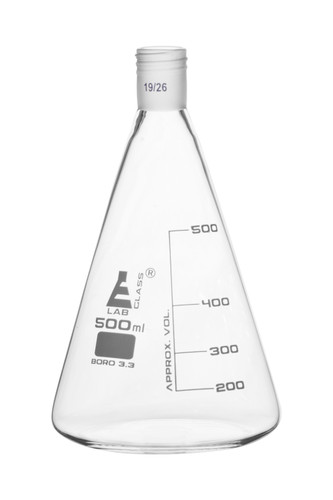 Erlenmeyer Flask with 19/26 Joint, 500 ml Capacity, 100 ml Graduations, Interchangeable Screw Thread Joint, Borosilicate Glass