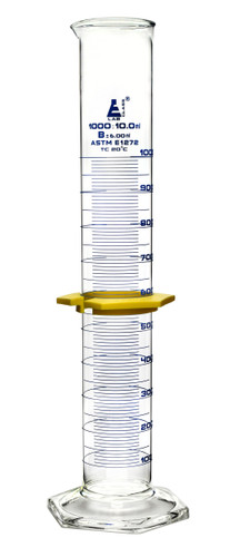 Measuring Cylinder, 1000 ml, ASTM, Class B Tolerance +/-60 ml, Protective Collar, Hex Base, Blue Ink, 3.3 Borosilicate Glass Measuring Cylinder, 1000 ml, ASTM, Class B Tolerance +/-60 ml, Protective Collar, Hex Base, Blue Ink, 3.3 Borosilicate Glass