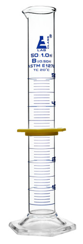Measuring Cylinder, 50 ml, ASTM, Class B Tolerance +/-0.50 ml, Protective Collar, Hex Base, Blue Ink, 3.3 Borosilicate Glass