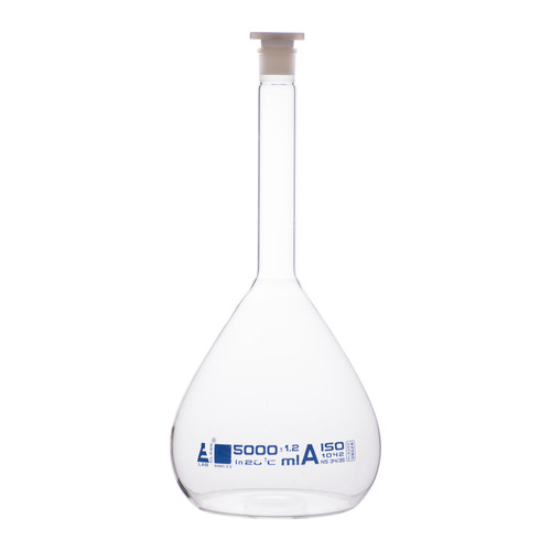 Volumetric Flask, 5000 ml, Class A, 34/35 Polyethylene Stopper, Borosilicate Glass, Blue Graduation, Tolerance +/-1.200