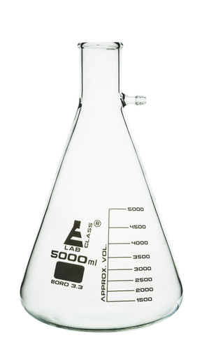 Filtering Flask, 5000 ml, Borosilicate Glass, Heavy Walled, Conical Shape with Integral Side Arm, White Graduations