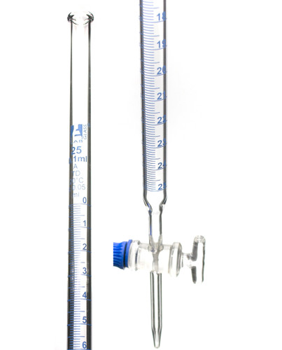 Class A 25 ml Borosilicate Burette, 0.1 ml Graduations, 05 ml Tolerance, Borosilicate Glass Key (Smooth) Stopcock, 22.5" Tall