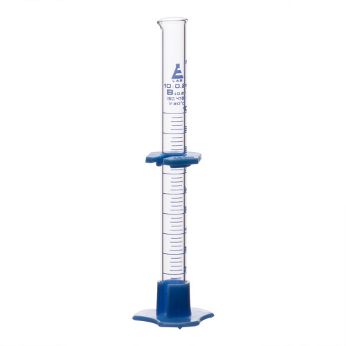 Measuring Cylinder, 10mL, Class B, Detachable Plastic Hex Base, Protective Collar, Blue Ink, Borosilicate Glass