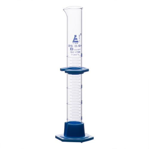 Measuring Cylinder, 25mL, Class B, Detachable Plastic Hex Base, Protective Collar, Blue Ink, Borosilicate Glass