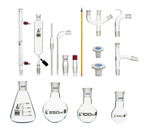 Advanced Organic Chemistry Distillation Borosilicate Glassware Set 24/29, 17 Piece, 22 Interchangeable Fittings with Case
