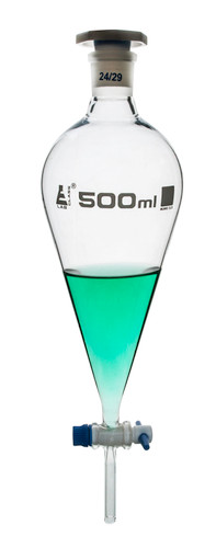 Squibb Separating Funnel, 500 ml, 24/29 Plastic Stopper, PTFE Key Stopcock, Ungraduated, Borosilicate Glass