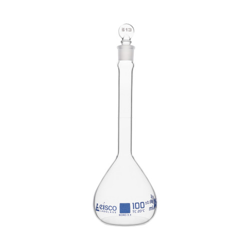 Volumetric Flask, 100 ml, Class A, ASTM, Tolerance +/-080 ml, Borosilicate Glass Stopper, Single, Blue Graduation