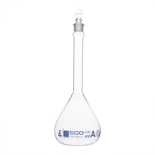 Volumetric Flask, 500mL, Class A, ASTM, Tolerance +/0.200 mL, Glass Stopper, Single, Blue
