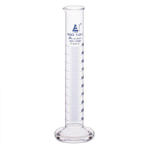 Graduated Cylinder, 100 ml, Class A Tolerance +/-0.50 ml, Round Base, Blue Ink, 3.3 Borosilicate Glass