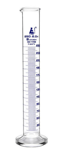 Graduated Cylinder, 250mL, Class B Tolerance +/-2.00mL, Round Base, Blue Ink, Borosilicate 3.3 Glass