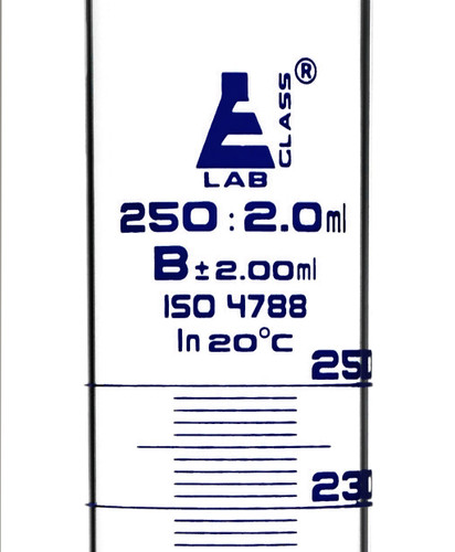 Graduated Cylinder, 250 ml, Class B Tolerance +/-20 ml, Round Base, Blue Ink, 3.3 Borosilicate Glass