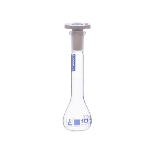 Volumetric Flask, 10 ml, Class A, ASTM, Polypropylene Stopper, Blue Graduation, Borosilicate Glass