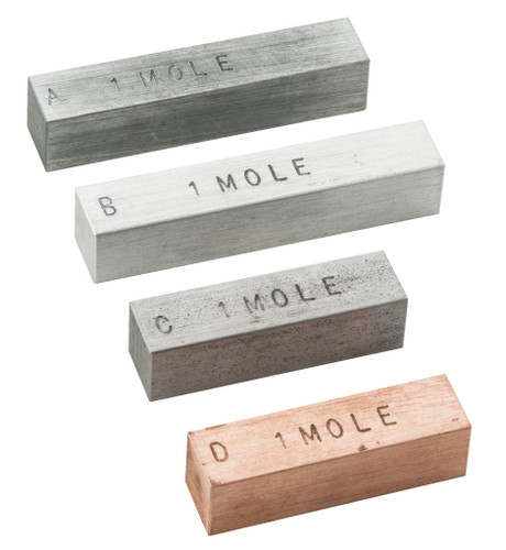 Mole Set, 4 Metal Bars that Represent "1 Mole" of the Element, Copper, Iron, Zinc, Aluminum