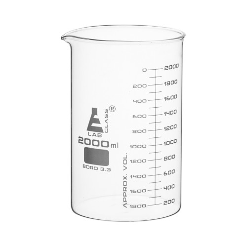 Beaker, 2000 ml, ASTM, Low Form with Spout, Dual Scale, White Ink, 3.3 Borosilicate Glass