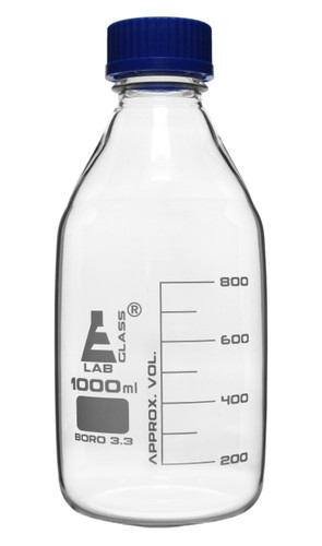 Media Bottle, 1000 ml, Transparent with Blue Screw Cap, White Ink, 3.3 Borosilicate Glass