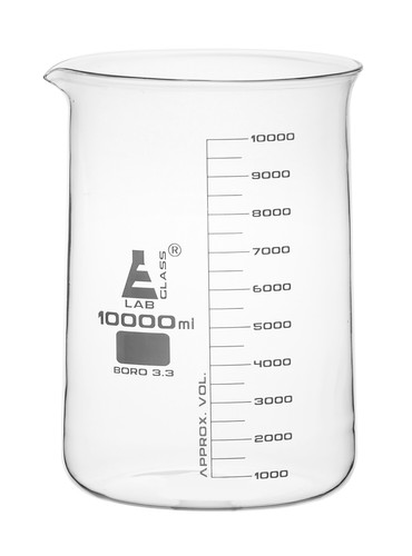 Beaker, 10,000 ml, Low Form with Spout, White, 500 ml Graduations, 3.3 Borosilicate Glass