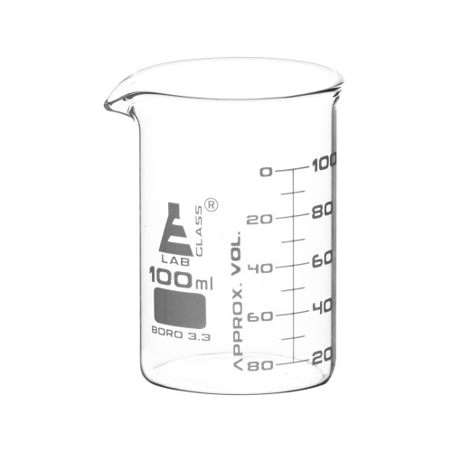 Beaker, 100mL, ASTM, Low Form with Spout, Dual Scale, White Ink, Borosilicate 3.3 Borosilicate Glass