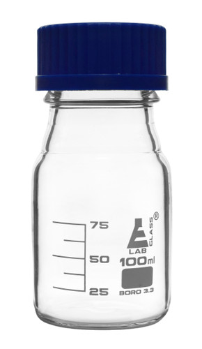 Media Bottle, 100 ml, Transparent with Blue Screw Cap, White Ink, 3.3 Borosilicate Glass