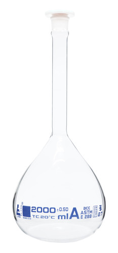 Volumetric Flask, 2000 ml, ASTM, Class A, Polypropylene Stopper, 3.3 Borosilicate Glass