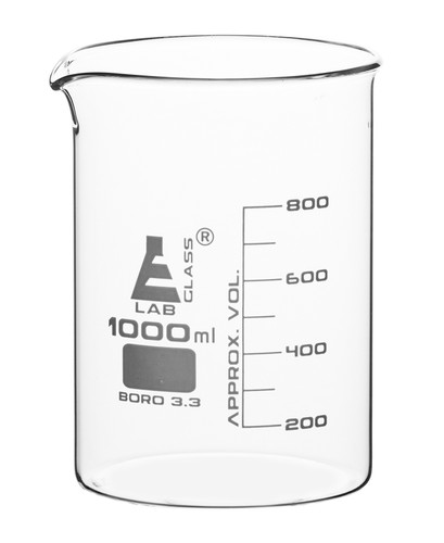 Beaker, 1000 ml, Low Form with Spout, White, 100 ml Graduations, 3.3 Borosilicate Glass Beaker, 1000 ml, Low Form with Spout, White, 100 ml Graduations, 3.3 Borosilicate Glass