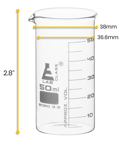 Beaker, 50mL, Tall Form with Spout, White, 5ml Graduations, Borosilicate 3.3 Borosilicate Glass