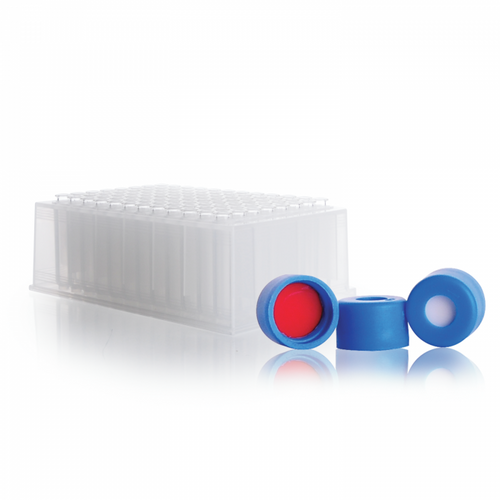 Wheaton® MicroLiter® Plate Sampling System Plate with Inserts, Blue Snap Caps with Septa, PTFE / Silicone Septa, 350ul, Clear and Conical Insert
