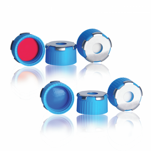 Wheaton® MicroLiter® BlueMAG Magnetic 18mm Steel Overlay Closures, Blue Silicone / White PTFE 0.07, Pack/100