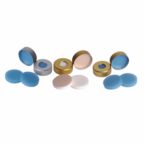 Image of a pack of 100 Wheaton® MicroLiter® 20mm Crimp Seals With Septa, showcasing Steel Crimp Seals and an apron design in Tan PTFE / White Silicone, with an extended apron size of 0.130 inches (DWK-20-0051ML)