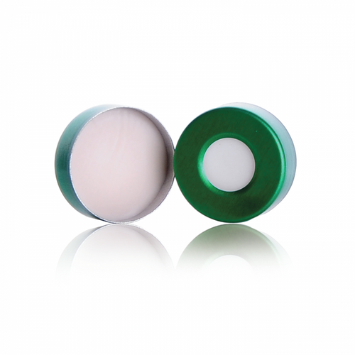 Wheaton® MicroLiter® 20mm Crimp Seal With Septa, featuring AlumiTin Large Opening, Tan PTFE / White Silicone material, with a 0.130" size, Pack/100 (DWK-20-0051AT)