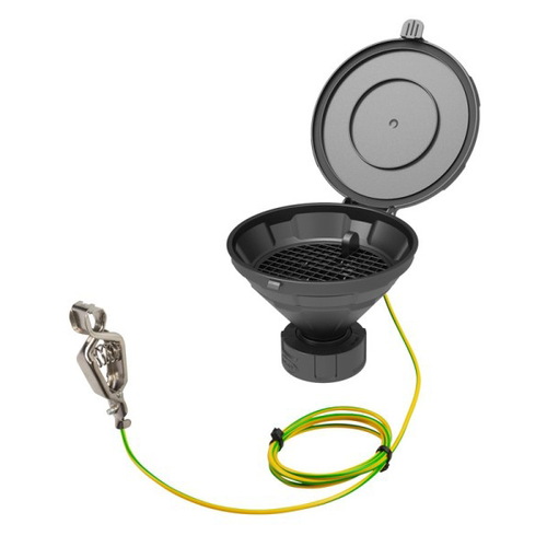Funnel with lid MARCO, V2.0, S60/61, PE-HD electrostatic conductive, with removable sieve, earthing cable,  140 mm