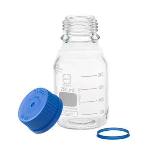 Borosilicate Glass Media Bottles, 250 ml, GL-45, Blue Caps, Schott, case/10