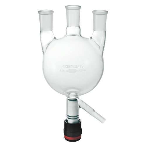 Round Bottom Flask, 1000mL Heavy Wall 3-Neck with Drain Valve