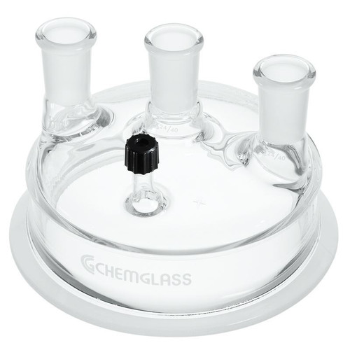 Reaction Vessel Lids, Borosilicate Glass, 4-Neck: 24/40 Center Neck, (2) 24/40 Side Necks, (1) #7 Chem-Thread Side Neck, 150mm Schott Flange