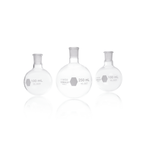 Kimble® KIMAX® Round Bottom Short-Neck Boiling Flask, Borosilicate Glass, 100 ml, 19/22 Joint, case/12