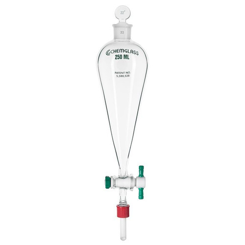 Separatory Funnel, Squibb, 6000mL, 10mm PTFE Stopcock, 45/50 Outer, with Detachable GL-18 TFE Drip Tip, Glass Stopper