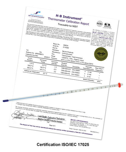 Bel-Art H-B Durac Plus 0 to 300f Calibrated Organic Liquid Fill 76mm Immersion Thermometer