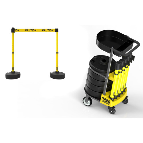 Safety Barrier Cart with Tray, 5 Stanchions, 75' Belt Barrier