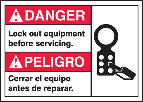 BILINGUAL ANSI SIGN - LOCK OUT, 10" x 14", Pack/10