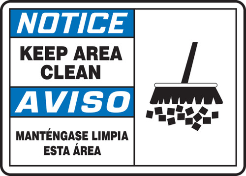 Bilingual ANSI Safety Sign - NOTICE: Keep Area Clean (Graphic), 10" x 14", Pack/10