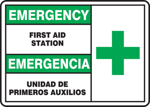 Bilingual Emergency Safety Sign: First Aid Station, 10" x 14", Pack/10