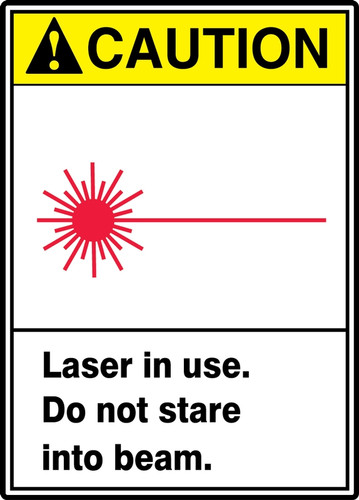 ANSI Safety Sign - CAUTION: Laser In use. Do Not Stare Into Beam., 14" x 10", Pack/10
