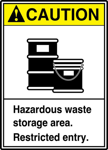 ANSI Safety Sign - CAUTION: Hazardous Waste Storage Area - Restricted Entry, 14" x 10", Pack/10