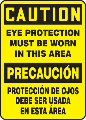 Bilingual OSHA Safety Sign - CAUTION: Eye Protection Must Be Worn In This Area, 14" x 10", Pack/10