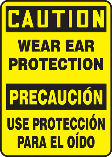 Bilingual OSHA Safety Sign - CAUTION: Wear Ear Protection, 14" x 10", Pack/10