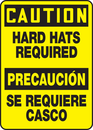 Bilingual OSHA Safety Sign - CAUTION: Hard Hats Required, 14" x 10", Pack/10
