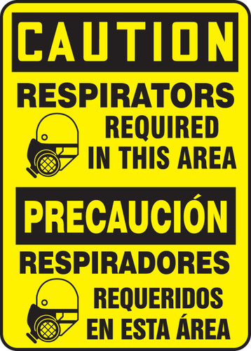 Bilingual OSHA Safety Sign - CAUTION: Respirators Required In This Area, 14" x 10", Pack/10