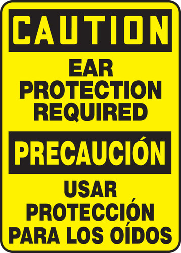 Bilingual OSHA Safety Sign - CAUTION: Ear Protection Required, 14" x 10", Pack/10