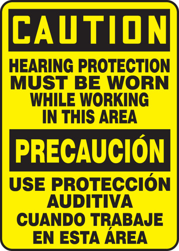 Bilingual OSHA Safety Sign - CAUTION: Hearing Protection Must Be Worn While Working In This Area, 14" x 10", Pack/10