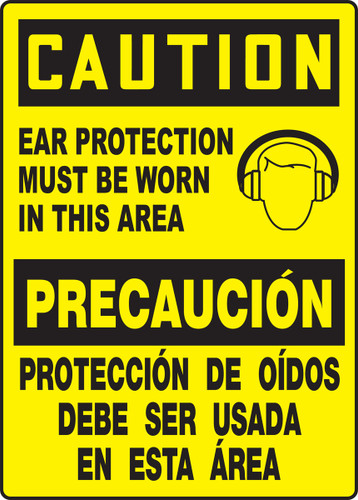 Spanish (Mexican) Bilingual OSHA Safety Sign - CAUTION: Ear Protection Must Be Worn In This Area, 14" x 10", Pack/10