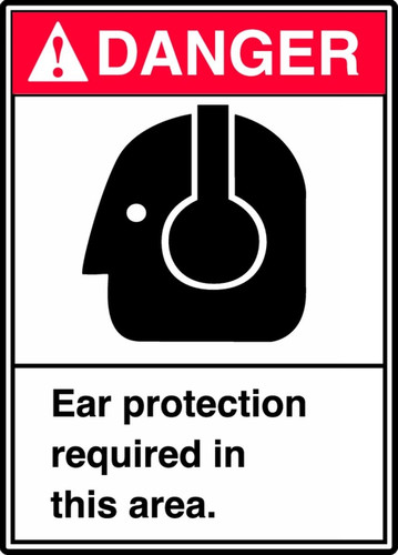 ANSI Safety Sign - DANGER: Ear Protection Required In This Area., 14" x 10", Pack/10